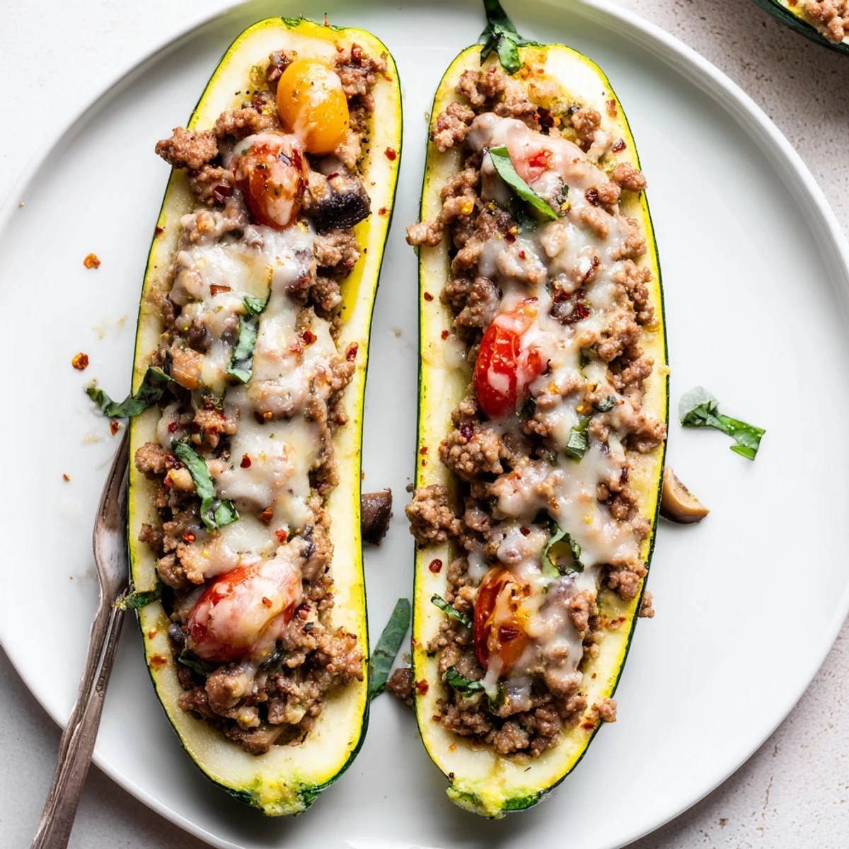 Sliced Pesto Turkey and Mushroom Zucchini Boats with Fresh Basil, gooey cheese