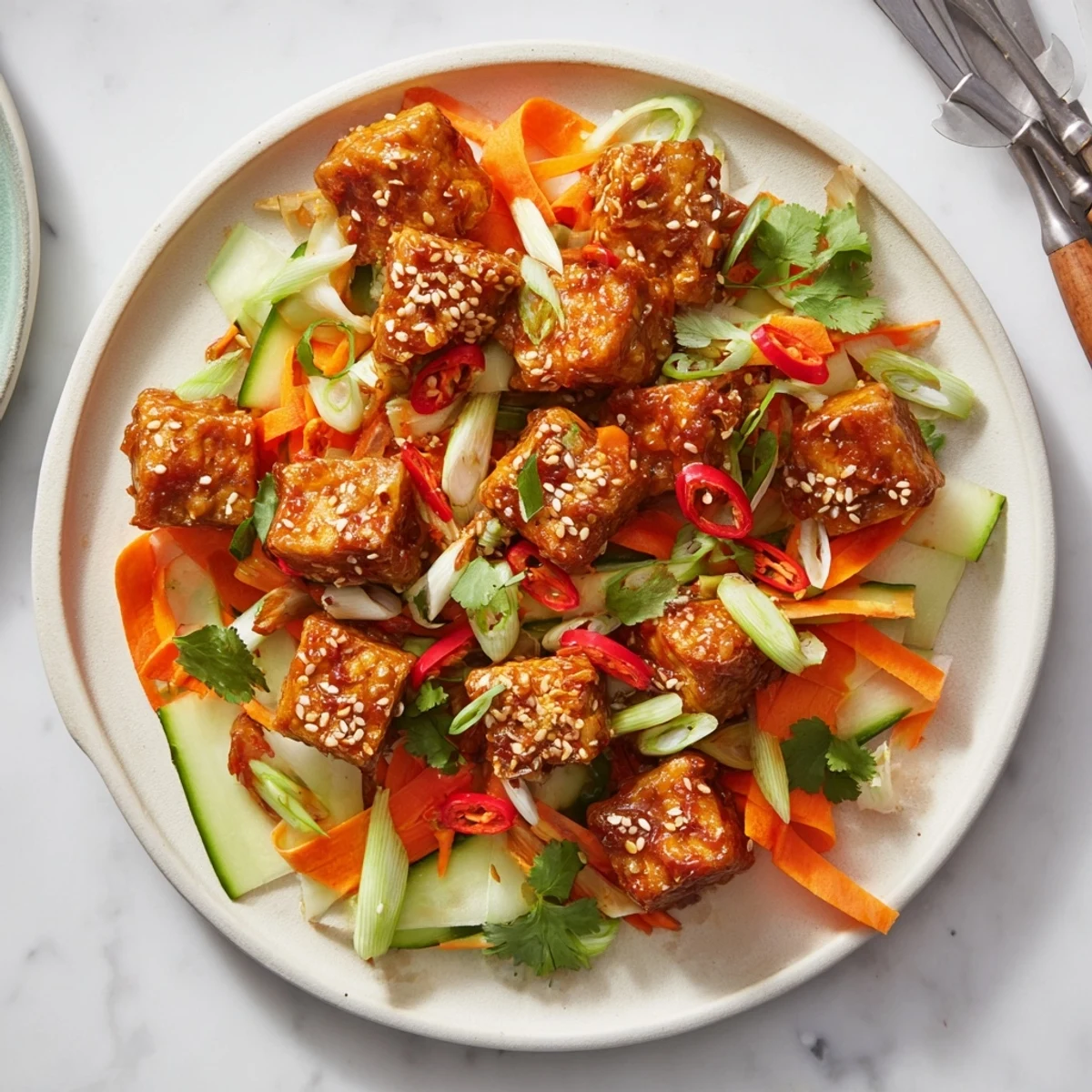 Golden crispy chili garlic tofu pieces glazed in spicy red sauce atop a bed of fresh julienned carrots and cucumber
