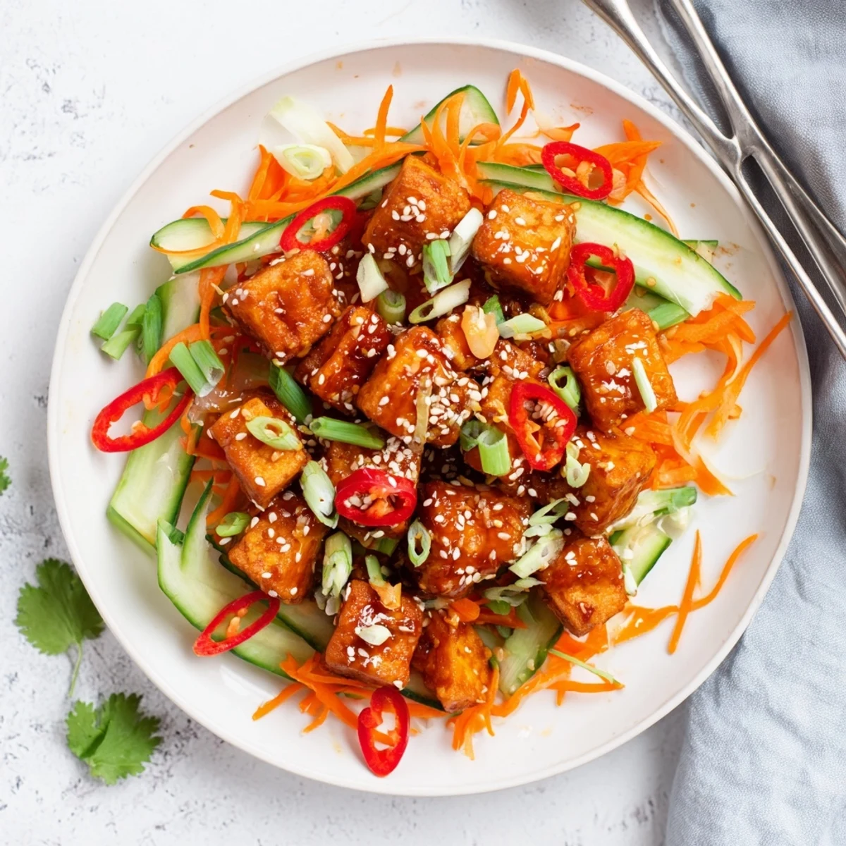 Asian-inspired crispy chili garlic tofu served over vibrant vegetable slaw with toasted sesame seed topping