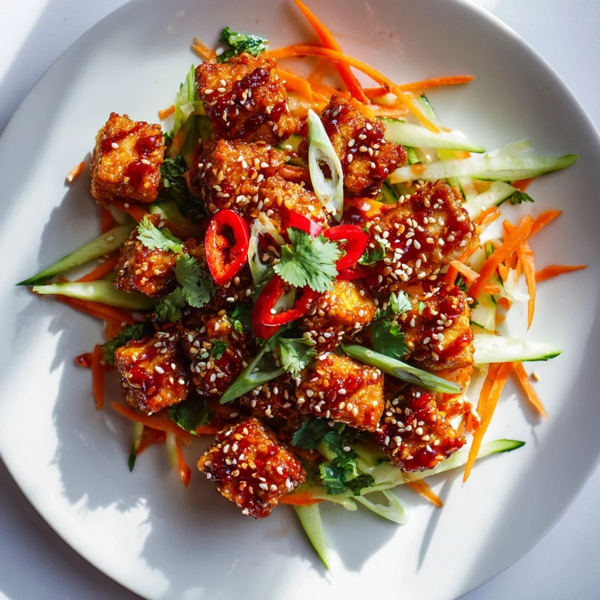 Vegan crispy chili garlic tofu bowl featuring crunchy sesame carrot salad with fresh cilantro garnish