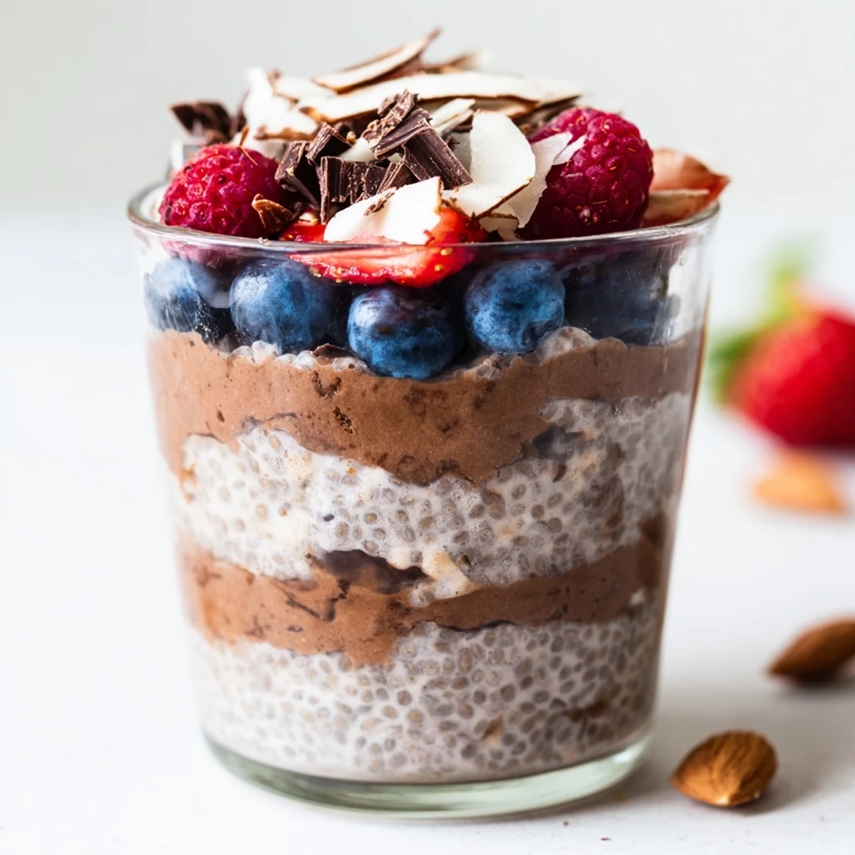 Layered glass jar showing chocolate almond coconut berry protein chia cream with fresh mixed berry topping and coconut flakes garnish