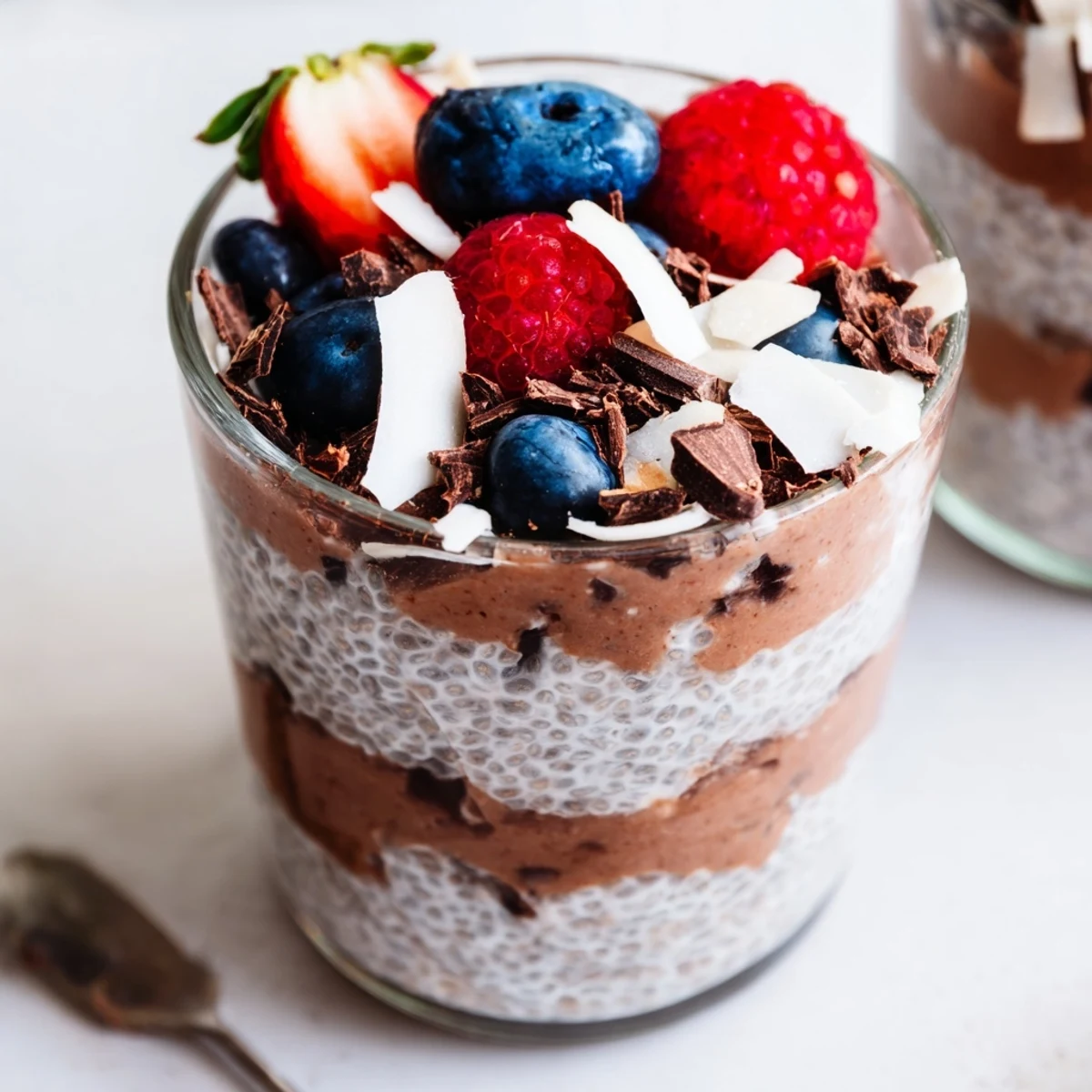Parfait-style protein chia cream dessert swirled with rich chocolate almond butter and topped with colorful fresh berries