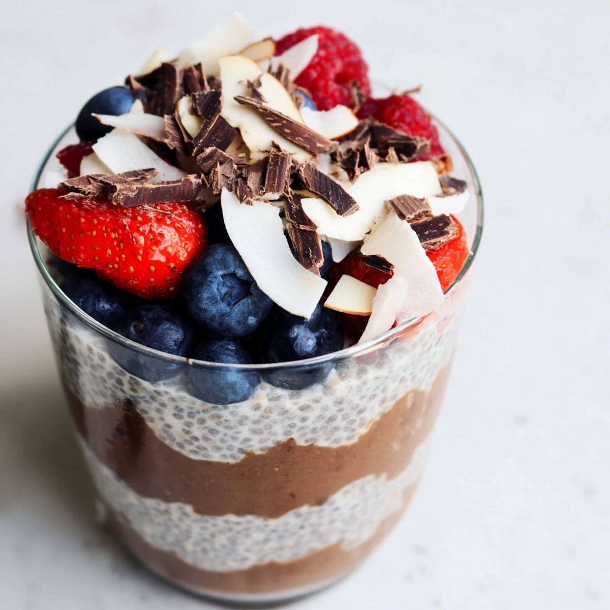 Creamy chia seed pudding layered with chocolate almond coconut mixture and garnished with sliced almonds and sweet berries