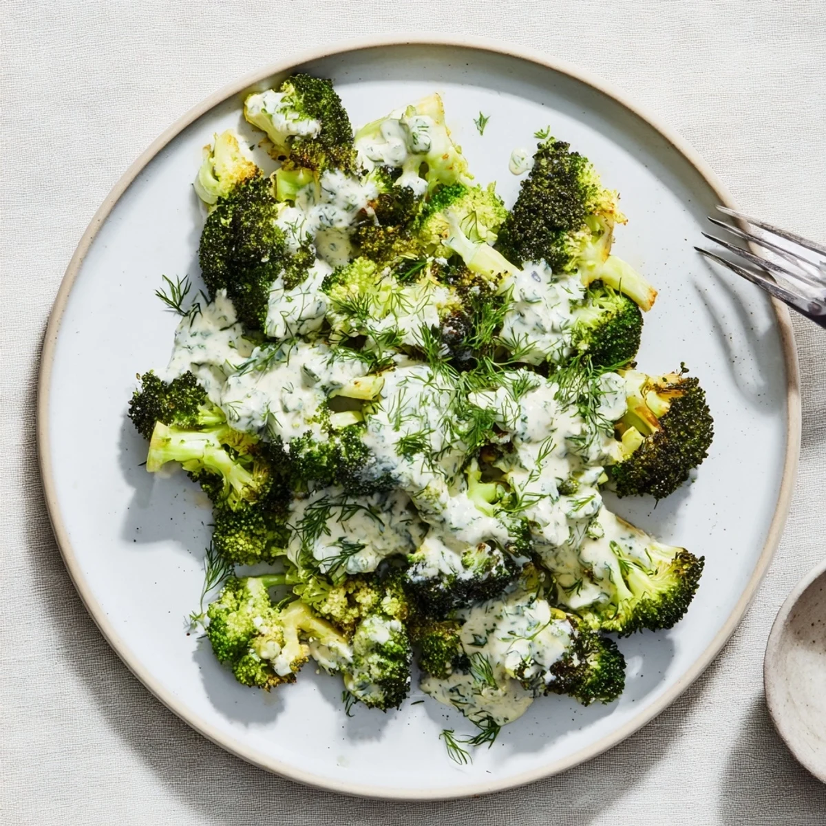 Golden roasted broccoli flolets drizzled with creamy lemon herb tahini sauce on a white serving platter