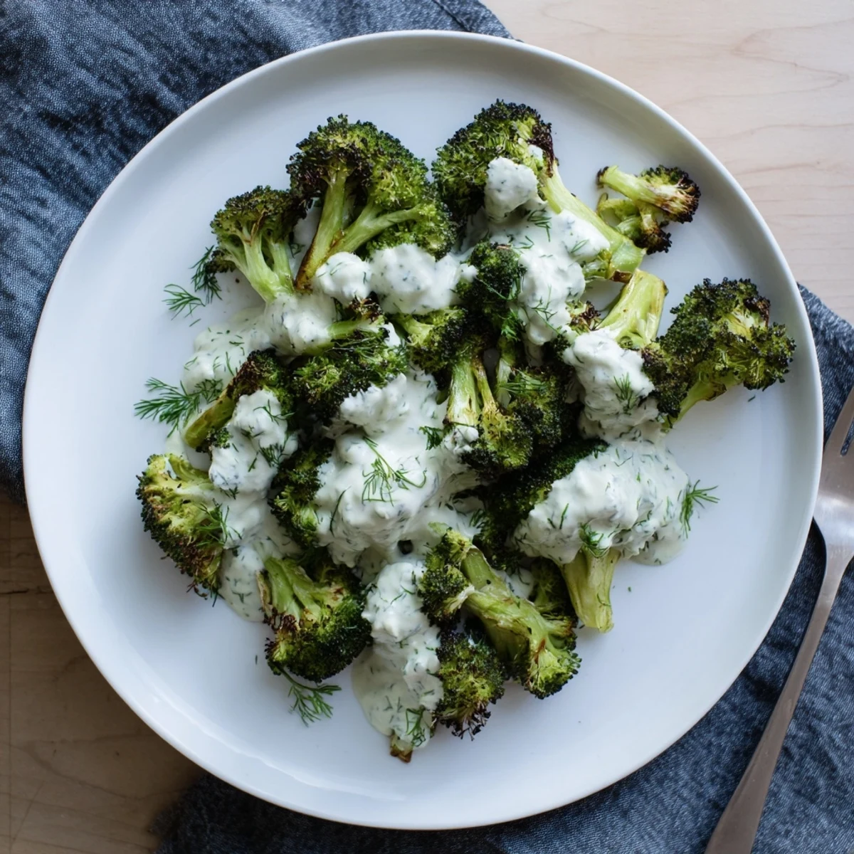 Close up of roasted broccoli with lemon garlic tahini sauce and chopped parsley garnish