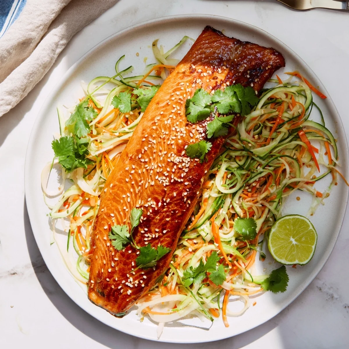 Golden brown miso maple salmon fillets with caramelized glaze served over crisp cucumber slaw