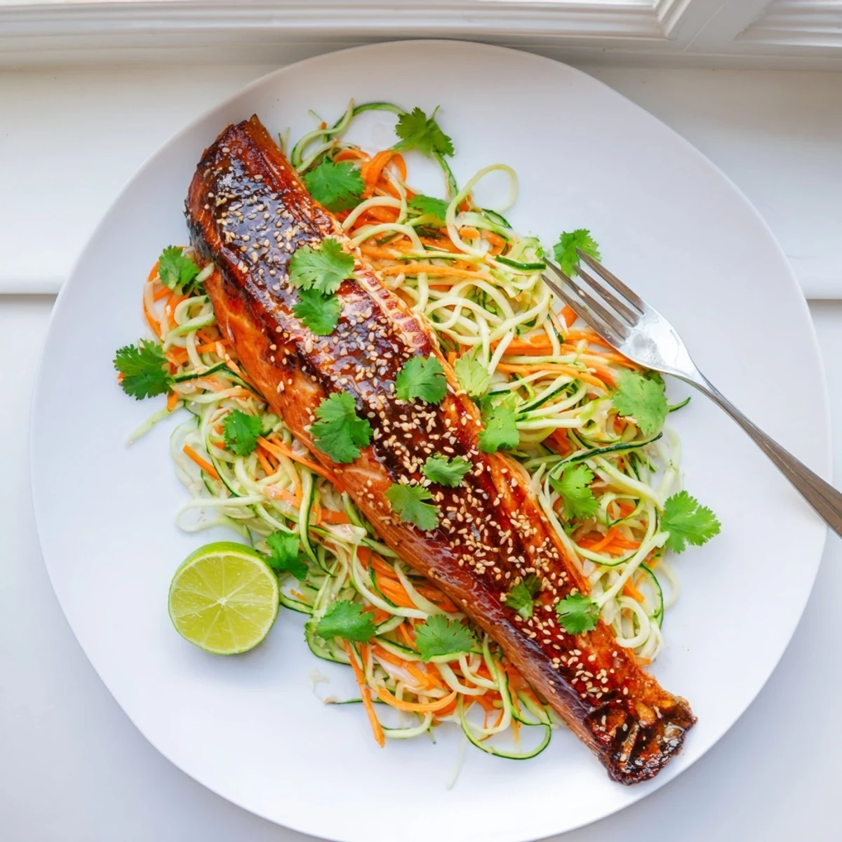 Crispy skin salmon fillets with miso maple coating garnished with fresh cilantro and toasted sesame seeds