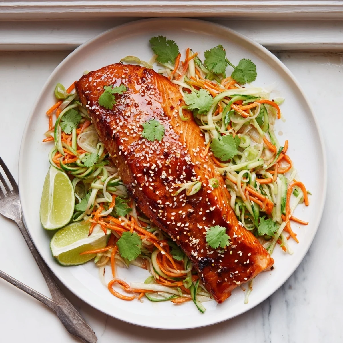 Tender roasted salmon brushed with sweet miso maple glaze alongside refreshing sesame cucumber salad