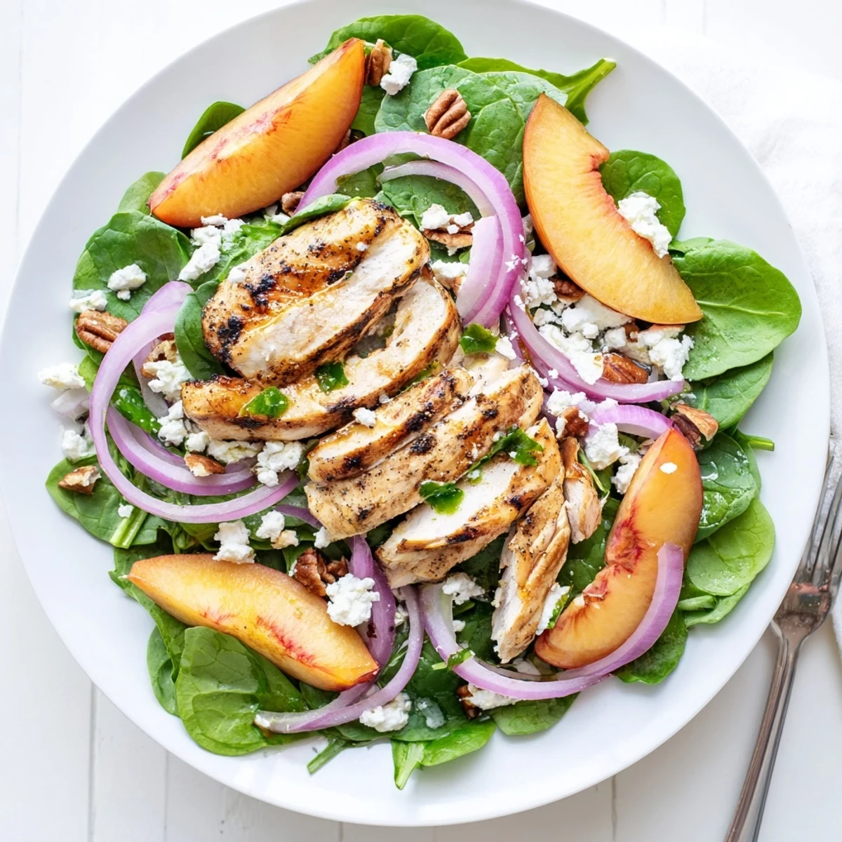 Fresh Grilled Peach and Spinach Chicken Salad topped with basil mint vinaigrette and feta