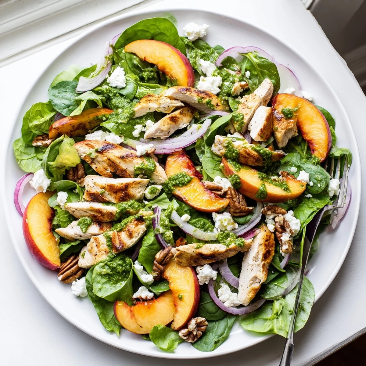 Golden grilled chicken slices served over spinach with charred peaches and tangy feta cheese