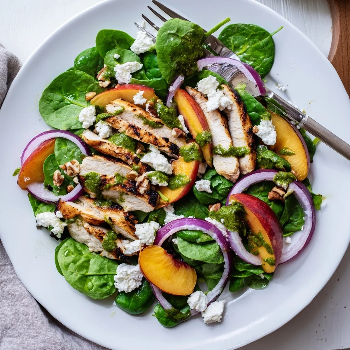 Summer Grilled Peach and Spinach Chicken Salad drizzled with herb vinaigrette and toasted nuts
