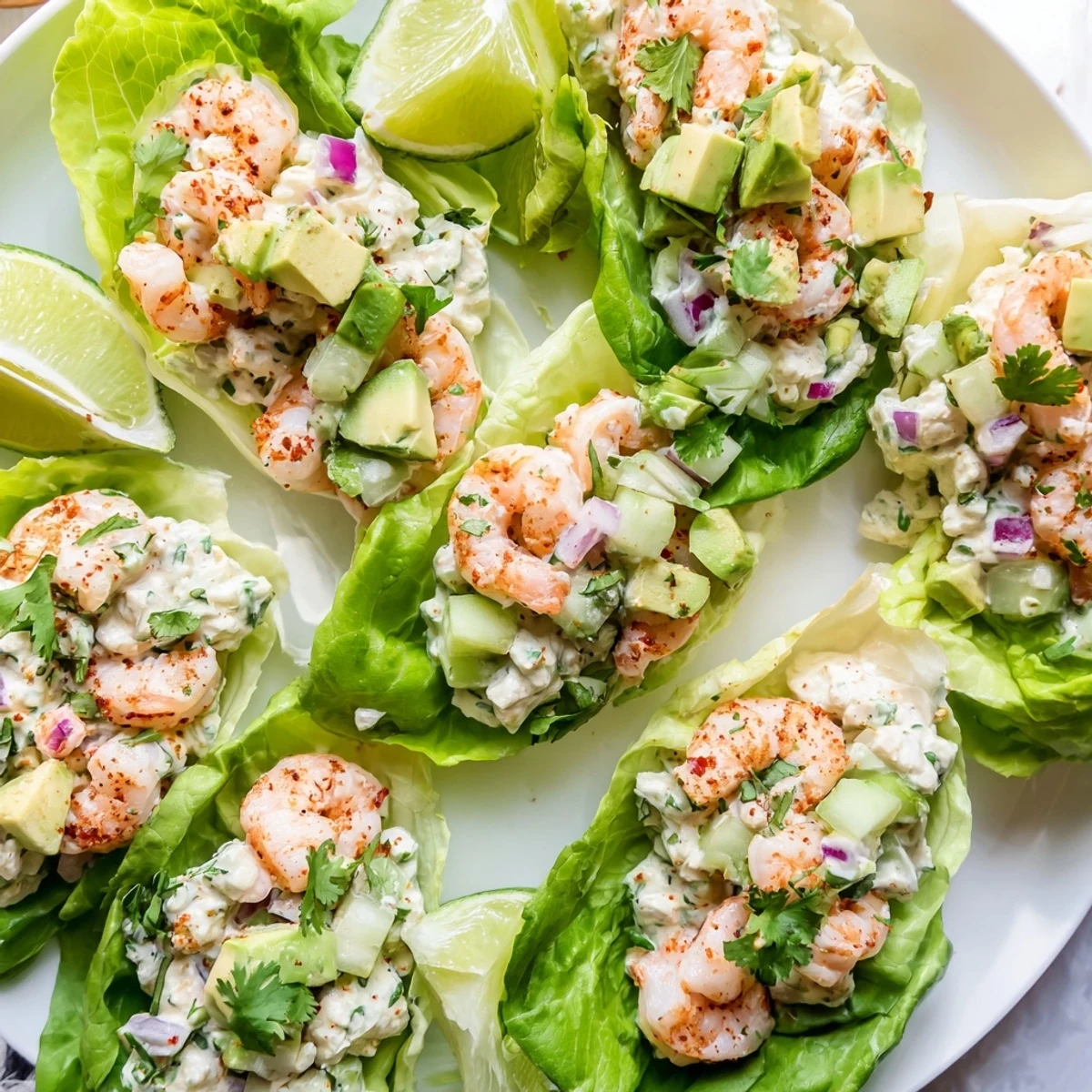 Protein-packed Cottage Cheese Cilantro Lime Shrimp Salad Cups garnished with cilantro in a bright white serving bowl