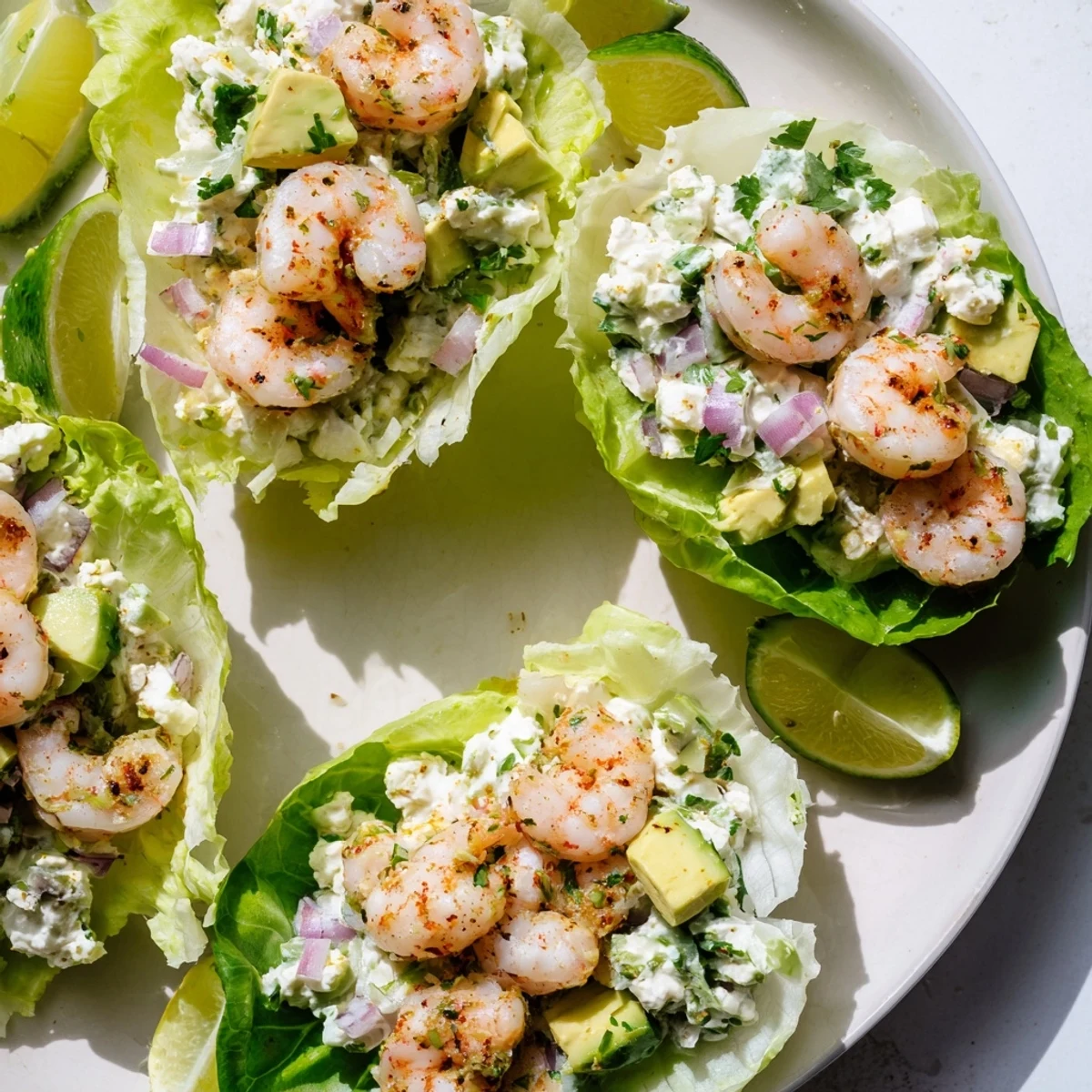 Fresh Cottage Cheese Cilantro Lime Shrimp Salad Cups served in crisp butter lettuce leaves with lime wedges