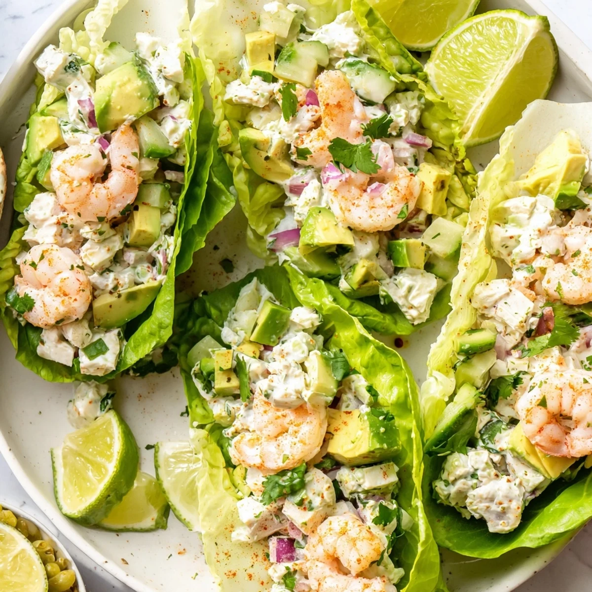Close-up of Cottage Cheese Cilantro Lime Shrimp Salad Cups featuring chunky shrimp and creamy cottage cheese filling