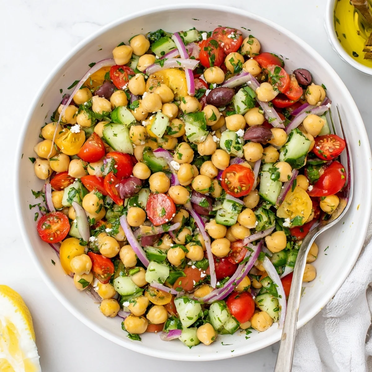 Colorful bowl of Mediterranean chickpea and tomato basil cucumber salad drizzled with tangy lemon olive oil dressing
