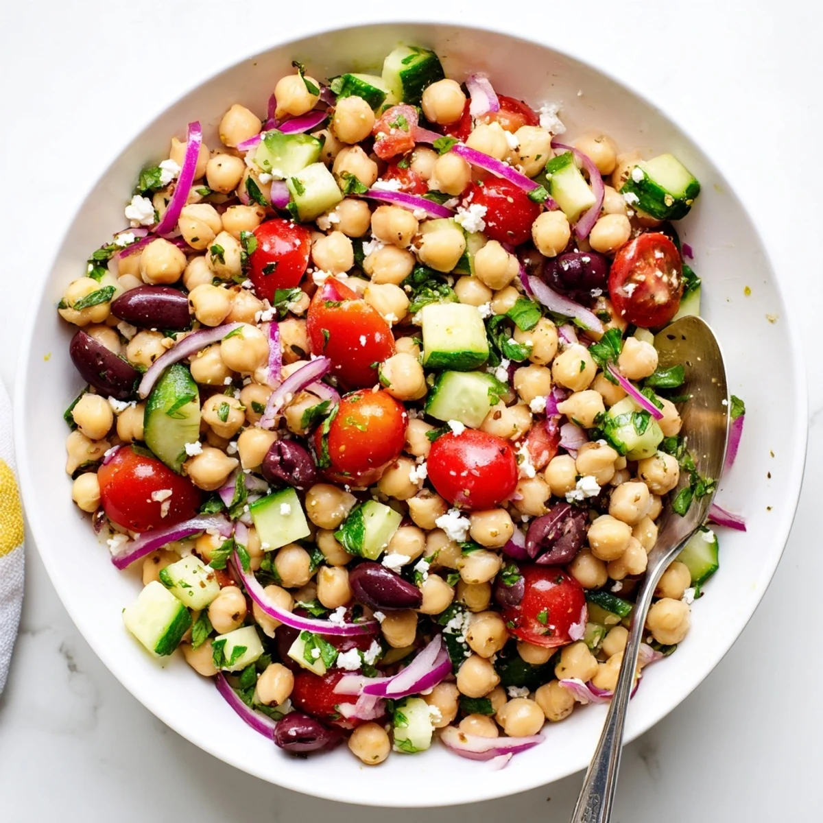 Vibrant Mediterranean chickpea salad featuring crisp vegetables and fresh herbs tossed in a light zesty vinaigrette