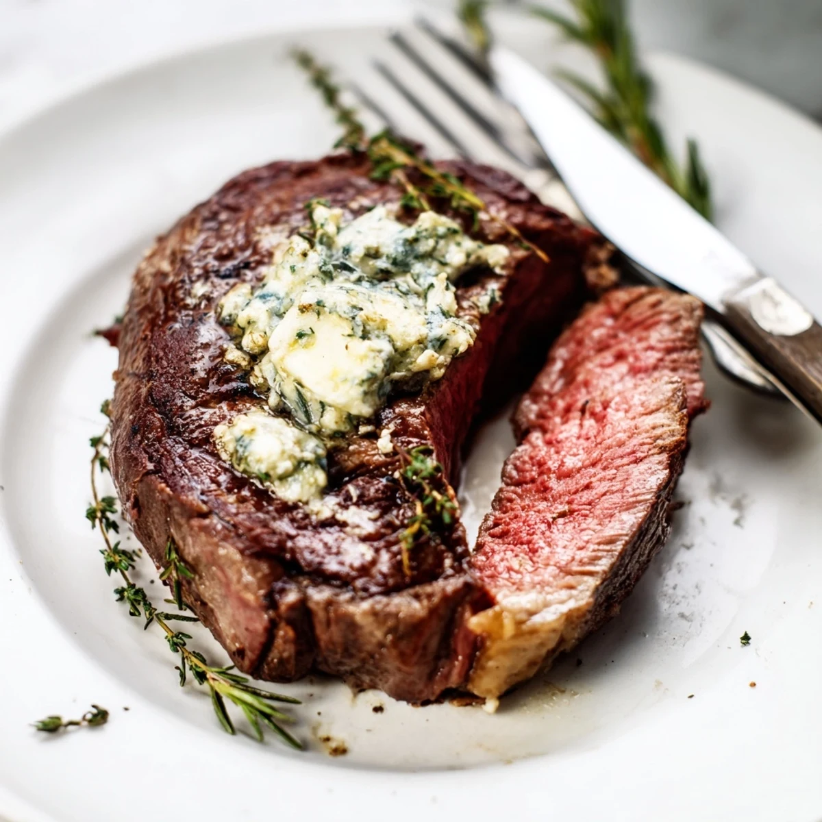 Pan-seared garlic herb steak with juicy interior plated beside bright lemon roasted asparagus