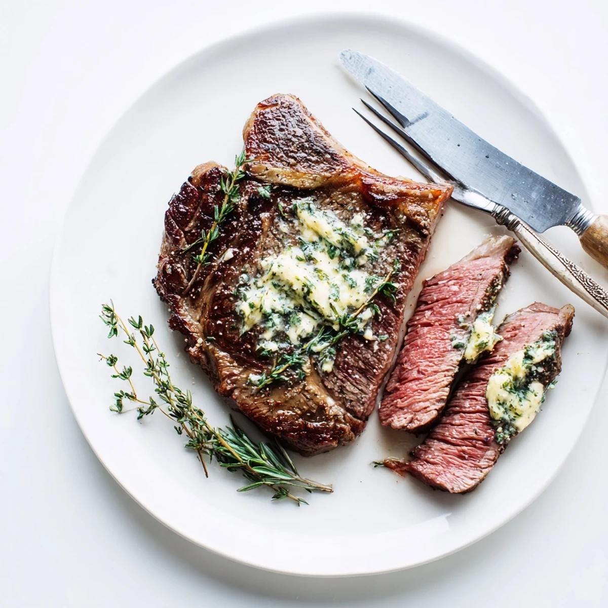 Golden garlic herb steak resting on cutting board with zesty lemon roasted asparagus