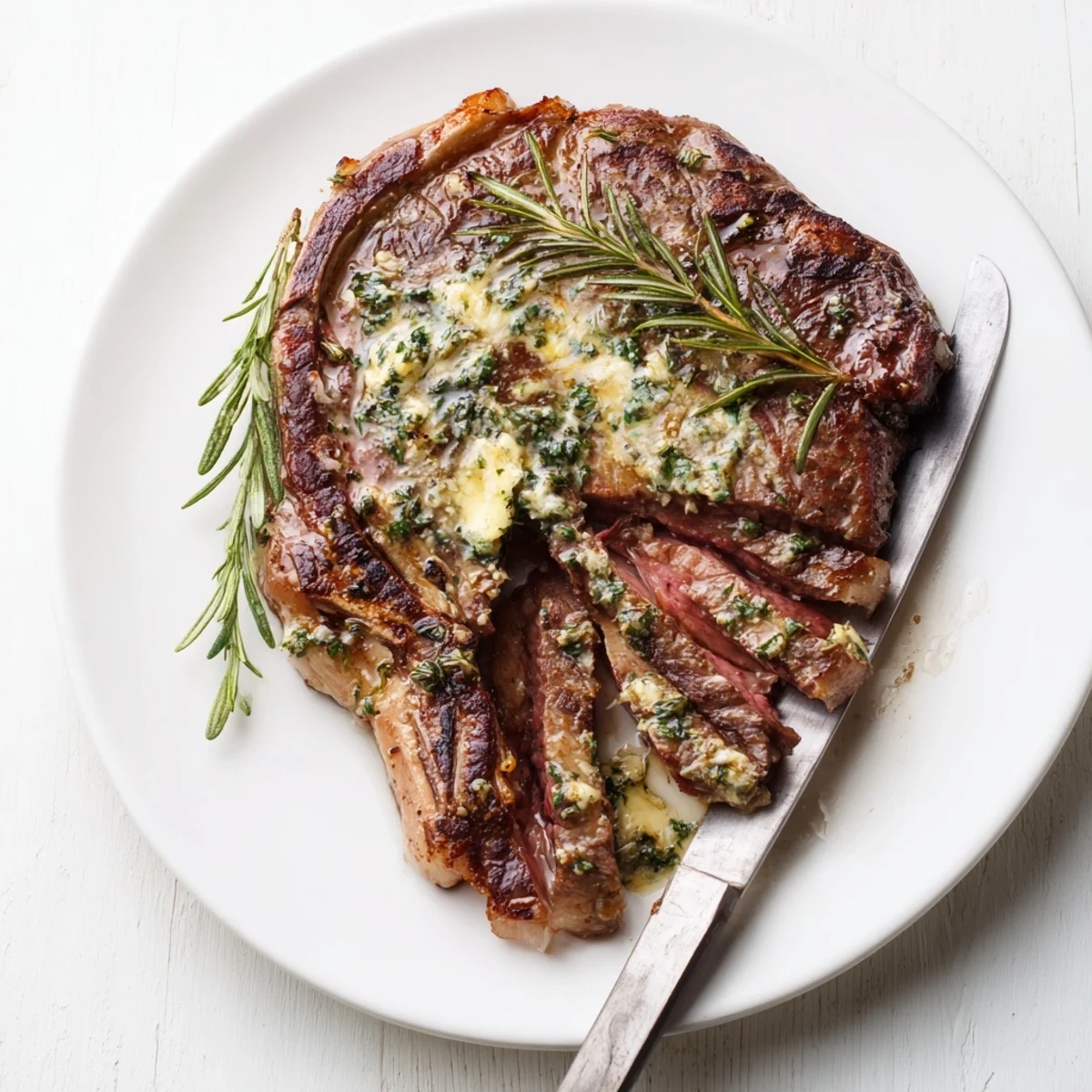 Sizzling garlic herb steak basted in butter served over tender roasted lemon asparagus