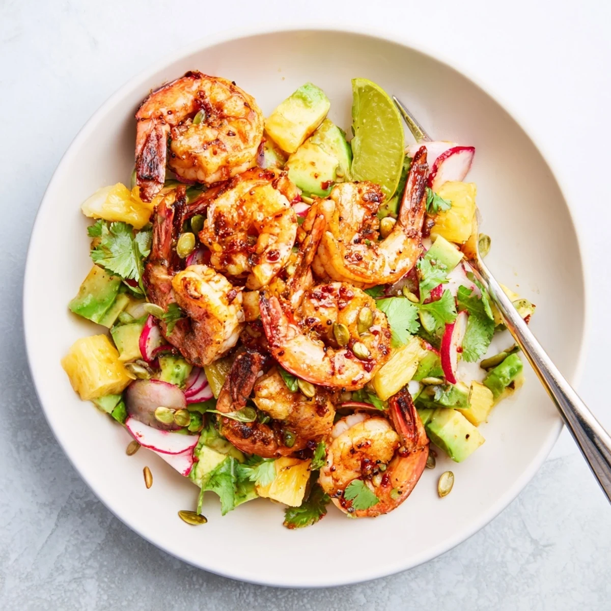 Hand-tossed Spicy Pineapple Shrimp With Lime Avocado Crunch over crisp salad
