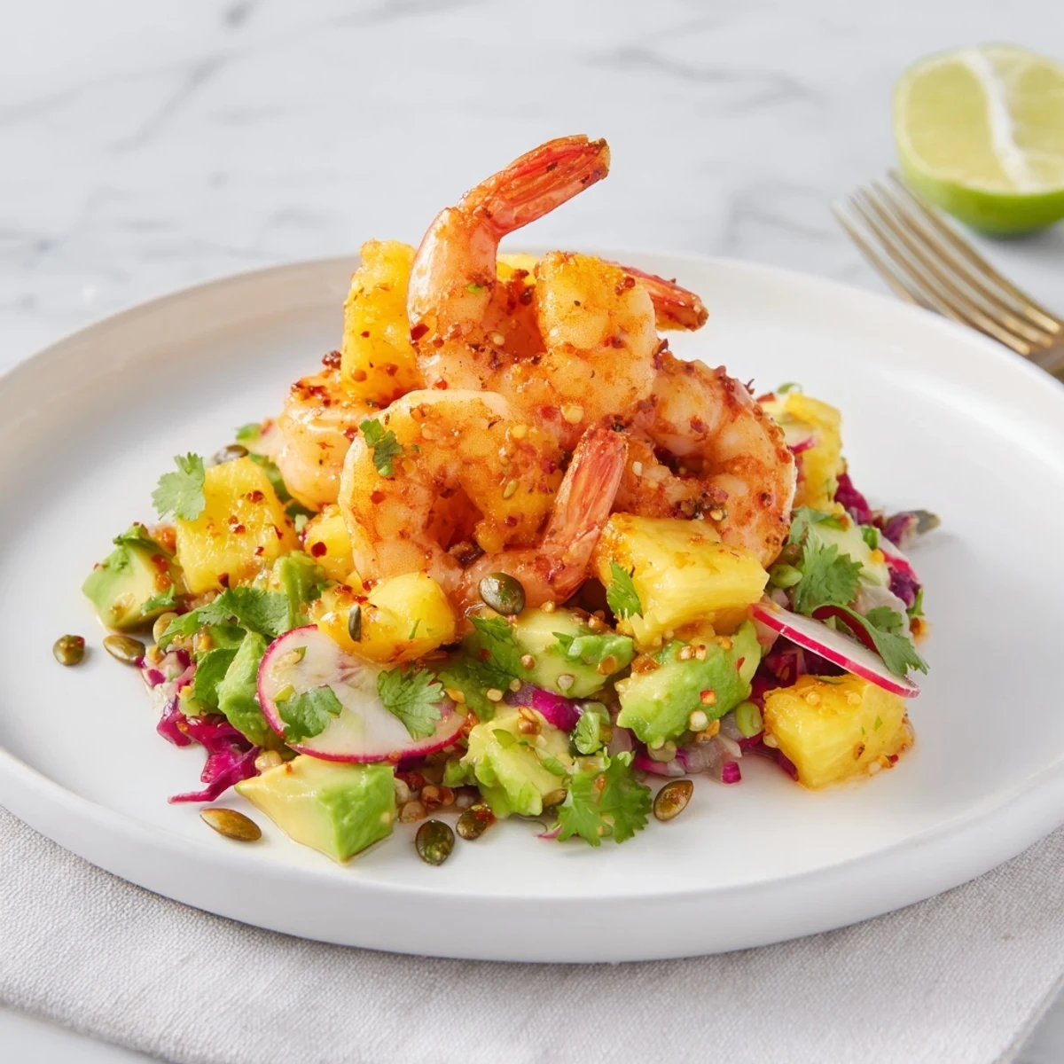 Charred pineapple and chili aromas highlight Spicy Pineapple Shrimp With Lime Avocado Crunch