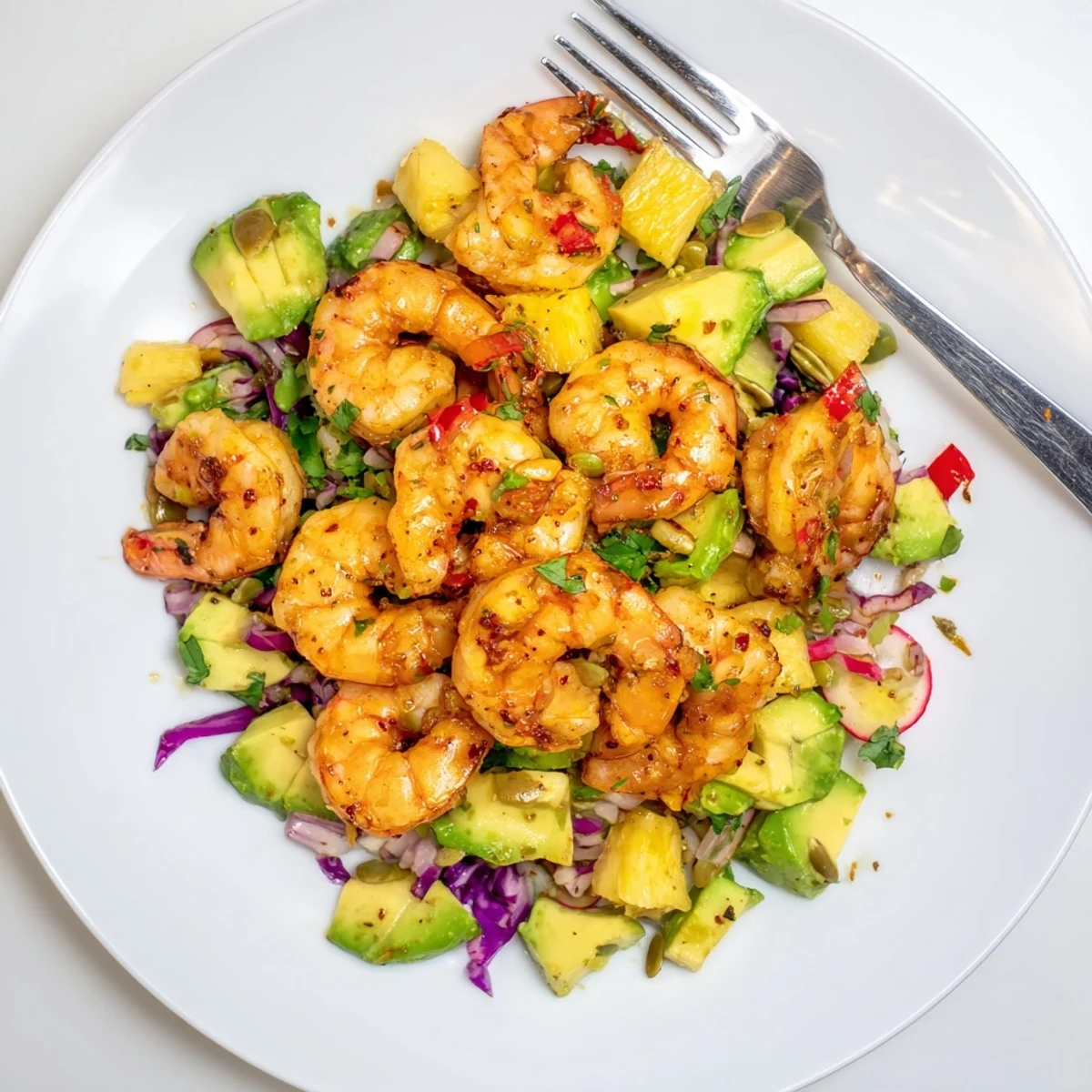 Bright lime-dressed Spicy Pineapple Shrimp With Lime Avocado Crunch, served warm