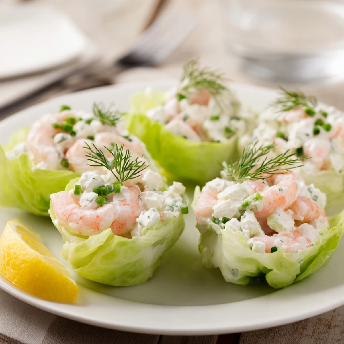 Cottage Cheese Lemon Dill Shrimp Salad Cups nestled in crisp butter lettuce, chilled.