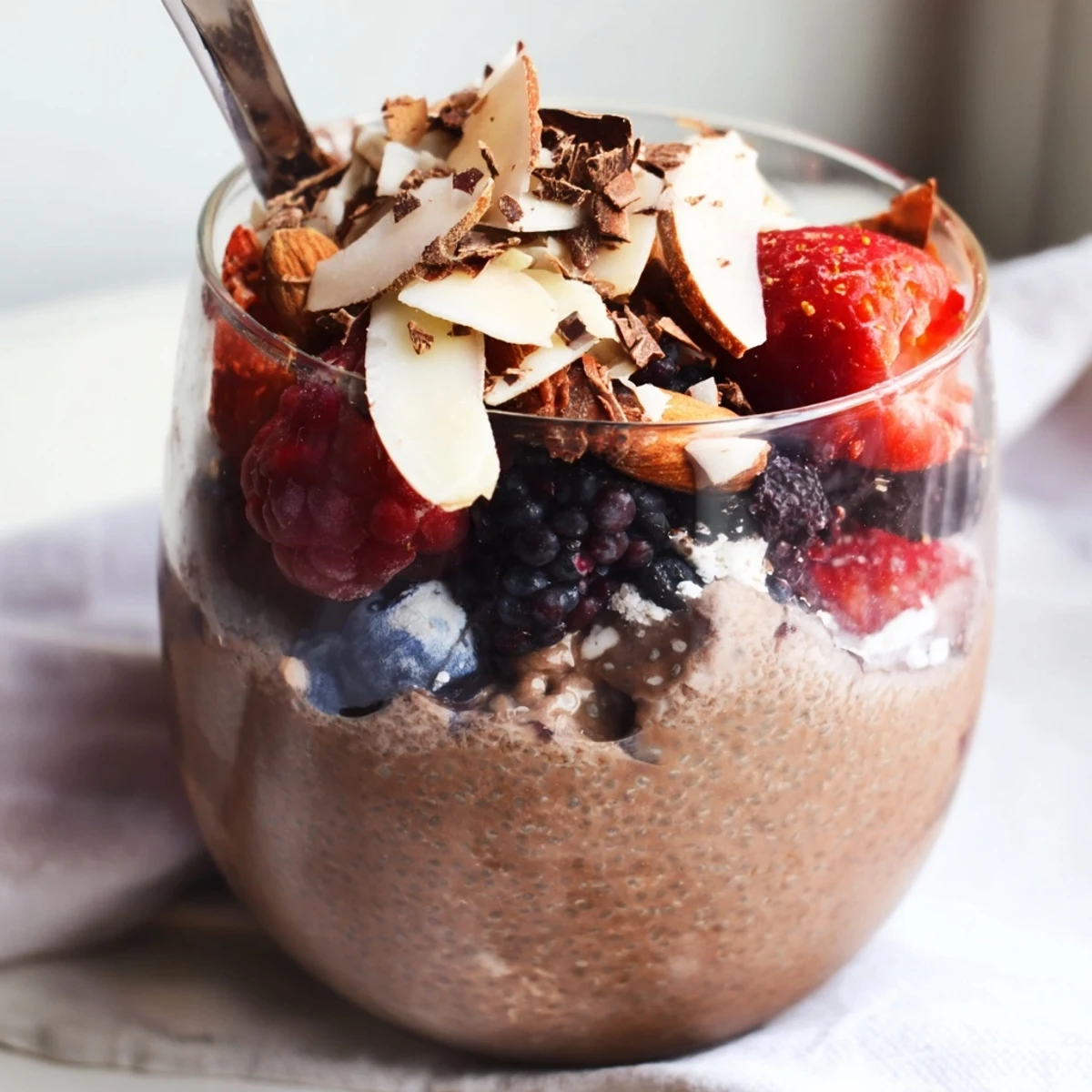 Chilled Chocolate Coconut Almond Berry Protein Chia Cream layered with jewel-like mixed berries