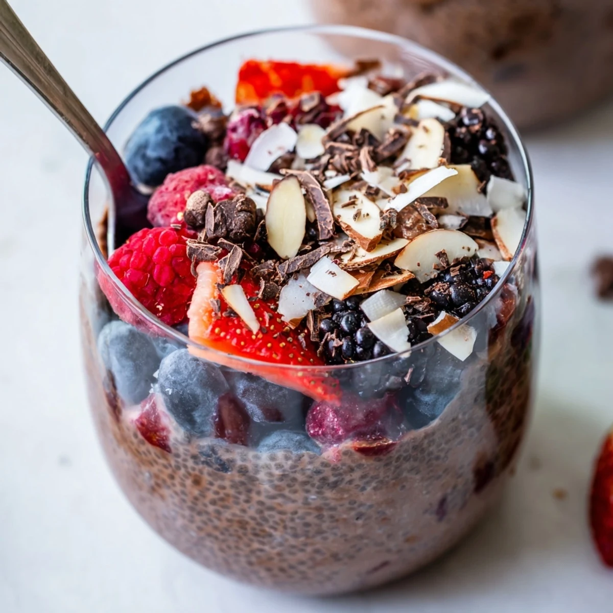 Chocolate Coconut Almond Berry Protein Chia Cream in glass, velvety, finished with toasted almonds