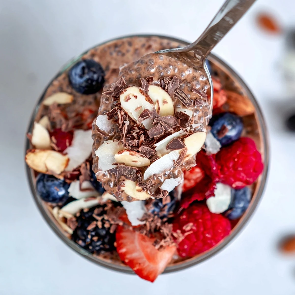 Chocolate Coconut Almond Berry Protein Chia Cream spoon-ready, sprinkled with dark chocolate shavings