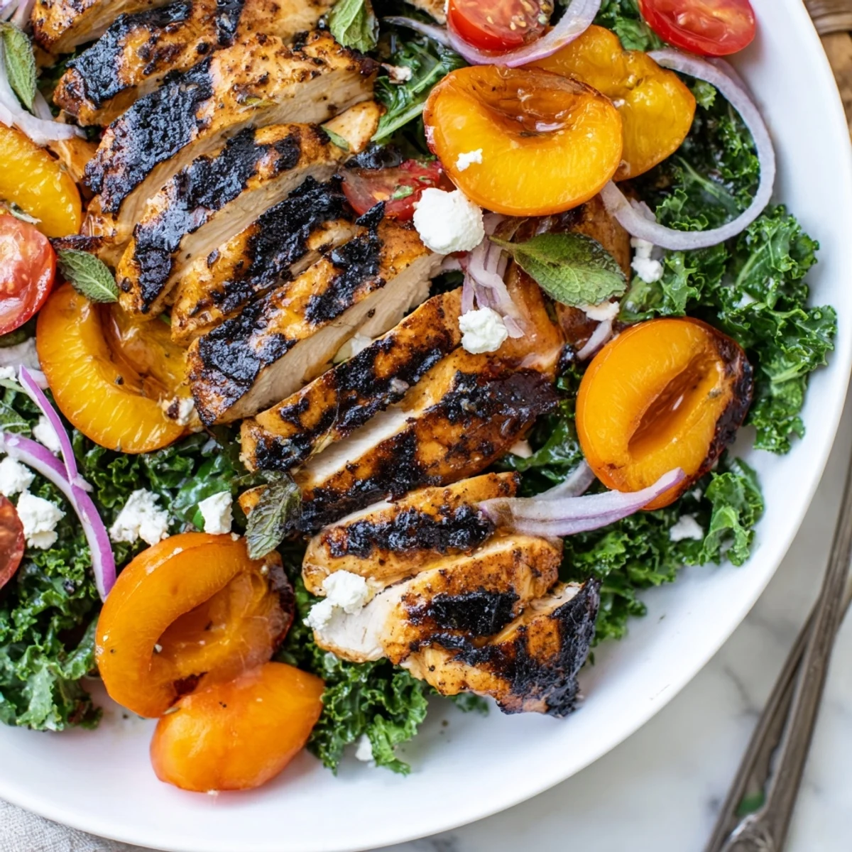 Bright Grilled Apricot and Kale Chicken Salad with Fresh Basil, lemony dressing.  