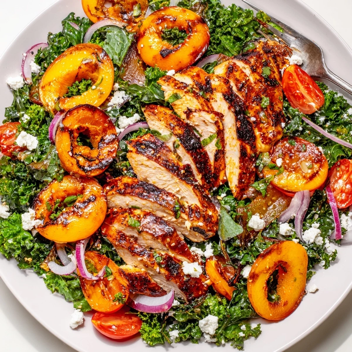 Grilled Apricot and Kale Chicken Salad with Fresh Basil, charred apricots.  