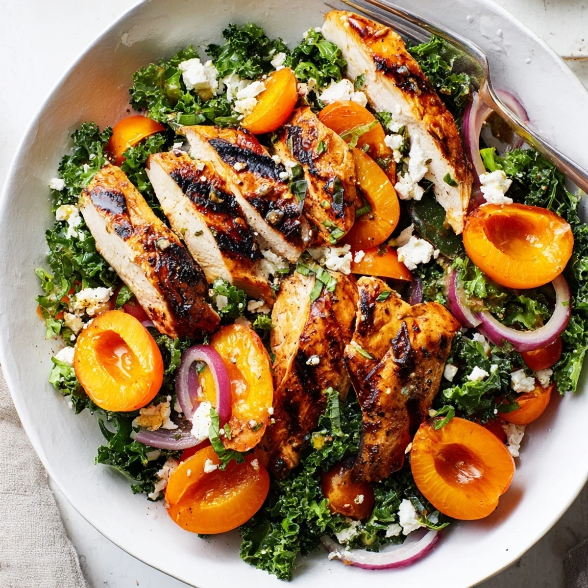 Grilled Apricot and Kale Chicken Salad with Fresh Basil, massaged kale and juicy apricots.