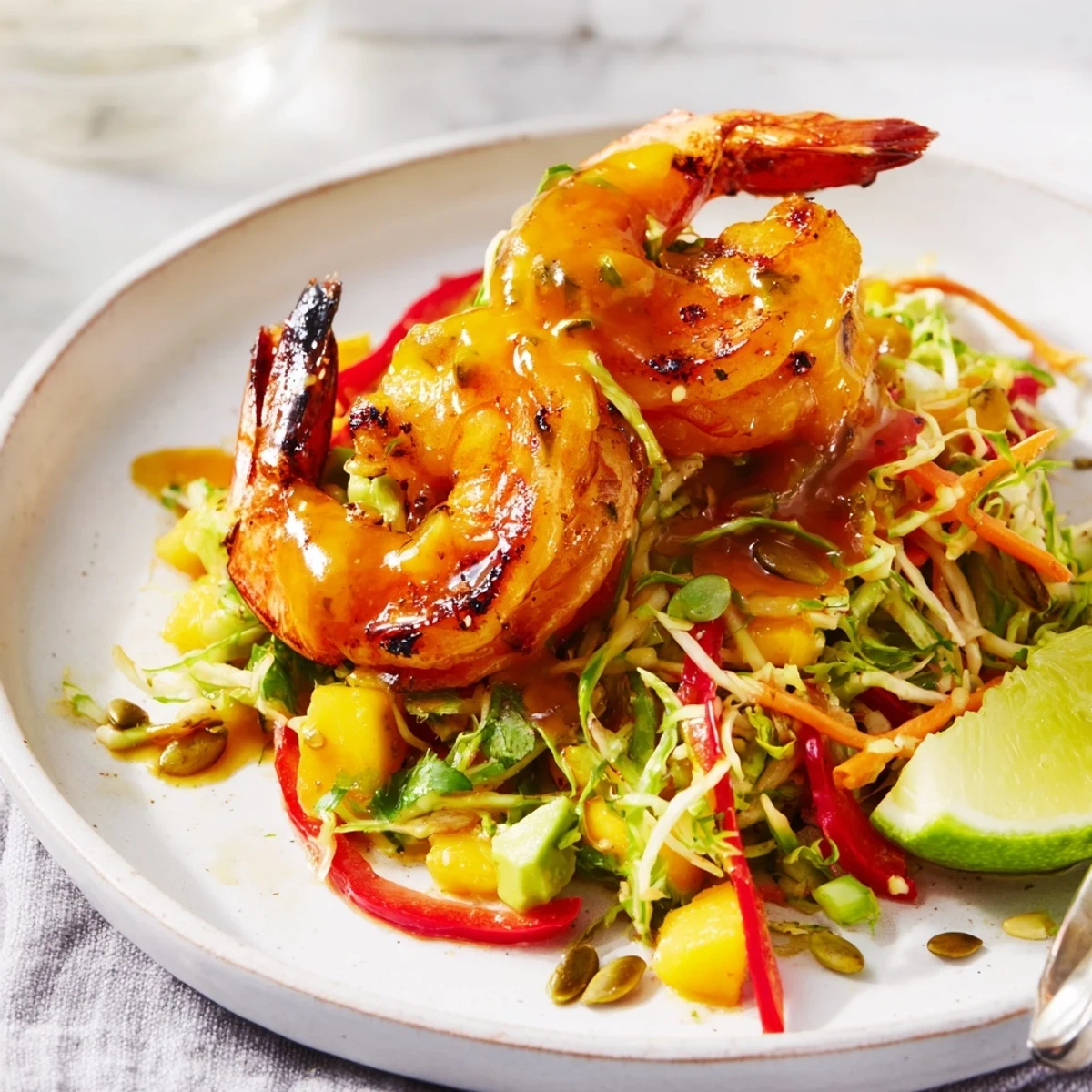Pan-seared Spicy Mango Shrimp With Lime Avocado Crunch Slaw, sweet-spicy glaze