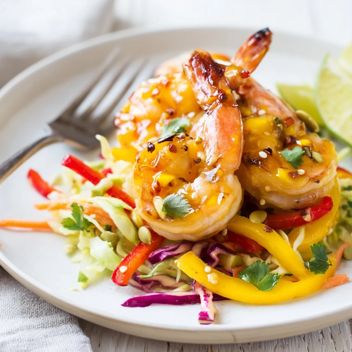 Spicy Mango Shrimp With Lime Avocado Crunch Slaw on platter, bright tangy colors
