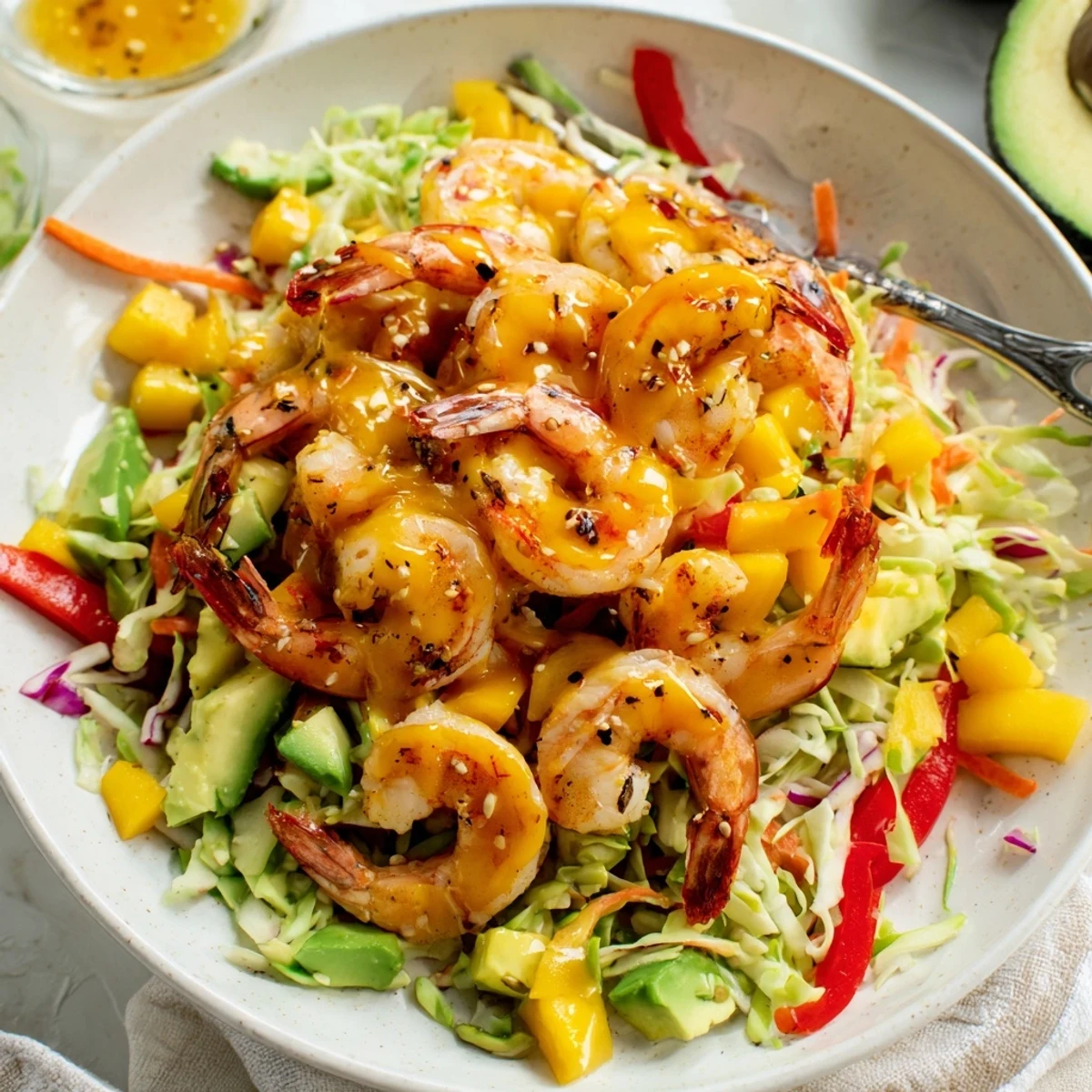 Spicy Mango Shrimp With Lime Avocado Crunch Slaw served with warm corn tortillas