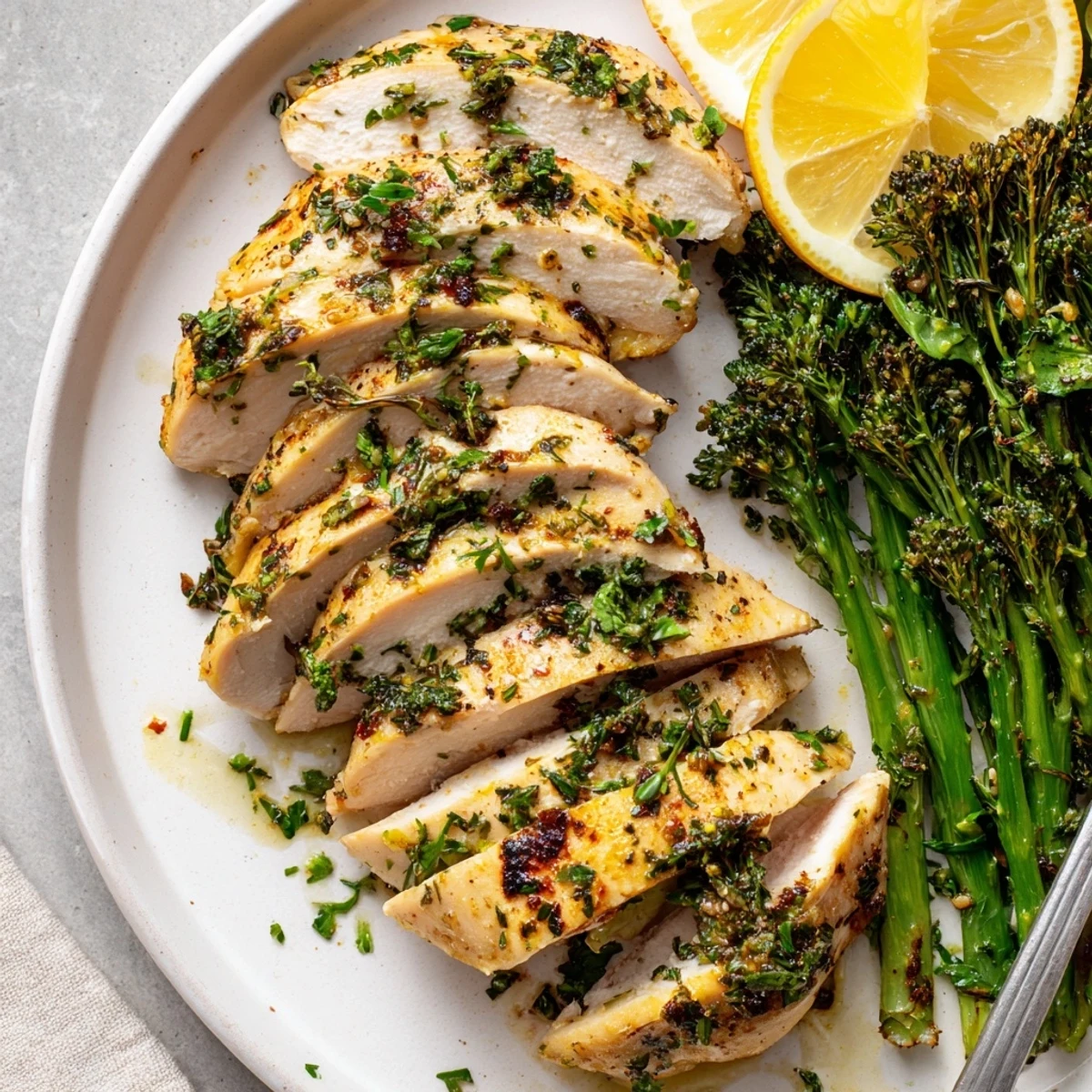 Sliced Garlic Herb Chicken with Roasted Broccolini and Lemon, herb-garnished serving