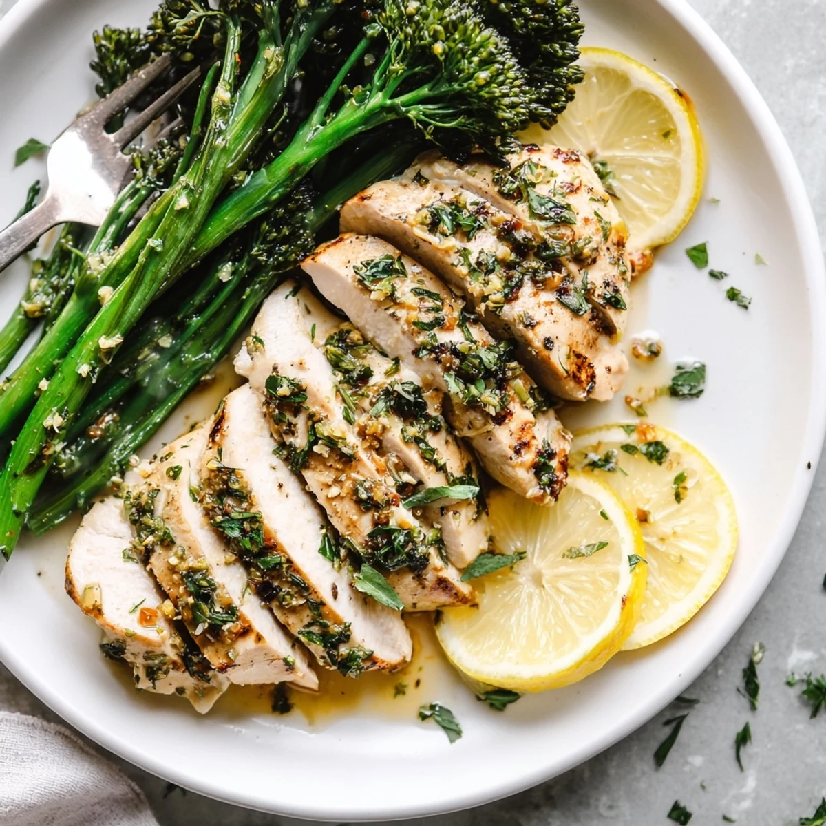 Garlic Herb Chicken with Roasted Broccolini and Lemon, juicy breasts with lemon wedges