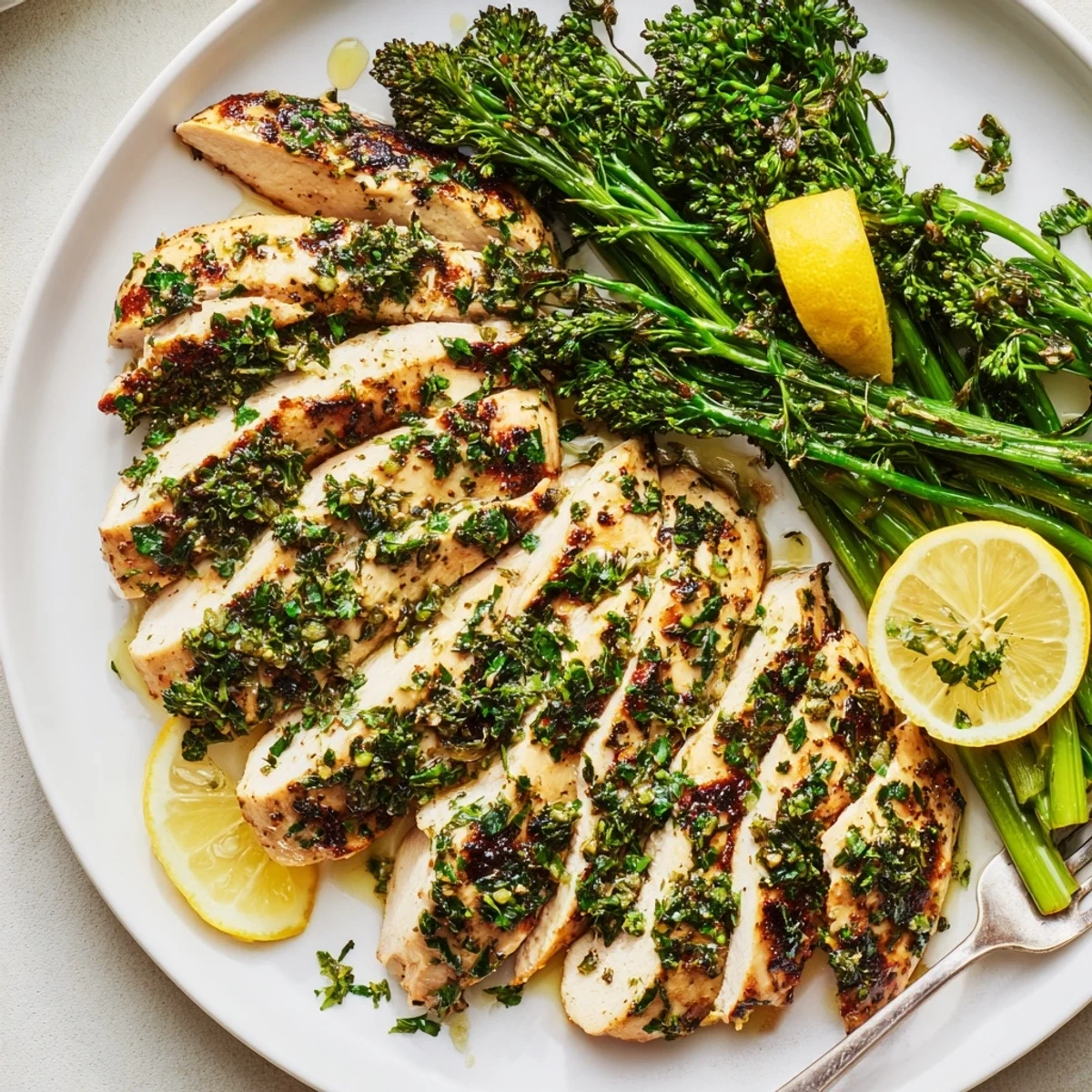 Family-style Garlic Herb Chicken with Roasted Broccolini and Lemon, bright citrus aroma