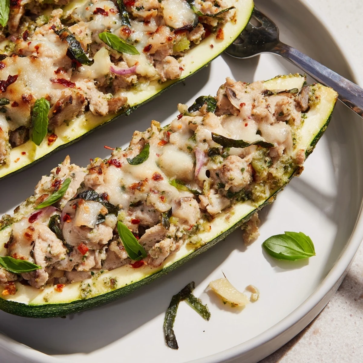 Pesto Turkey and Mushroom Zucchini Boats with Basil, baked until golden