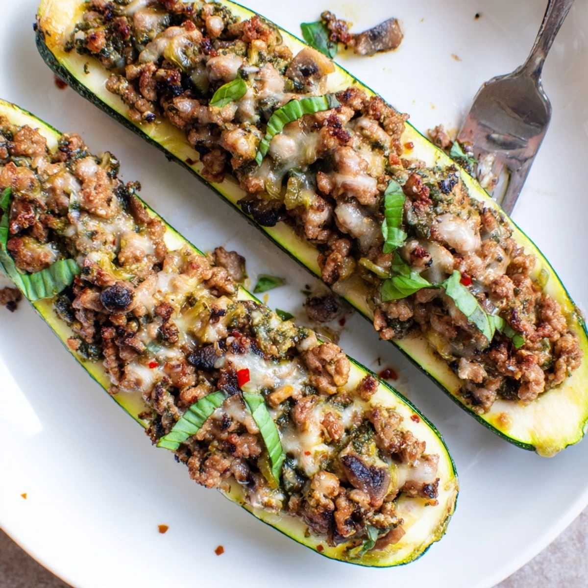 Pesto Turkey and Mushroom Zucchini Boats with Basil topped with melted mozzarella