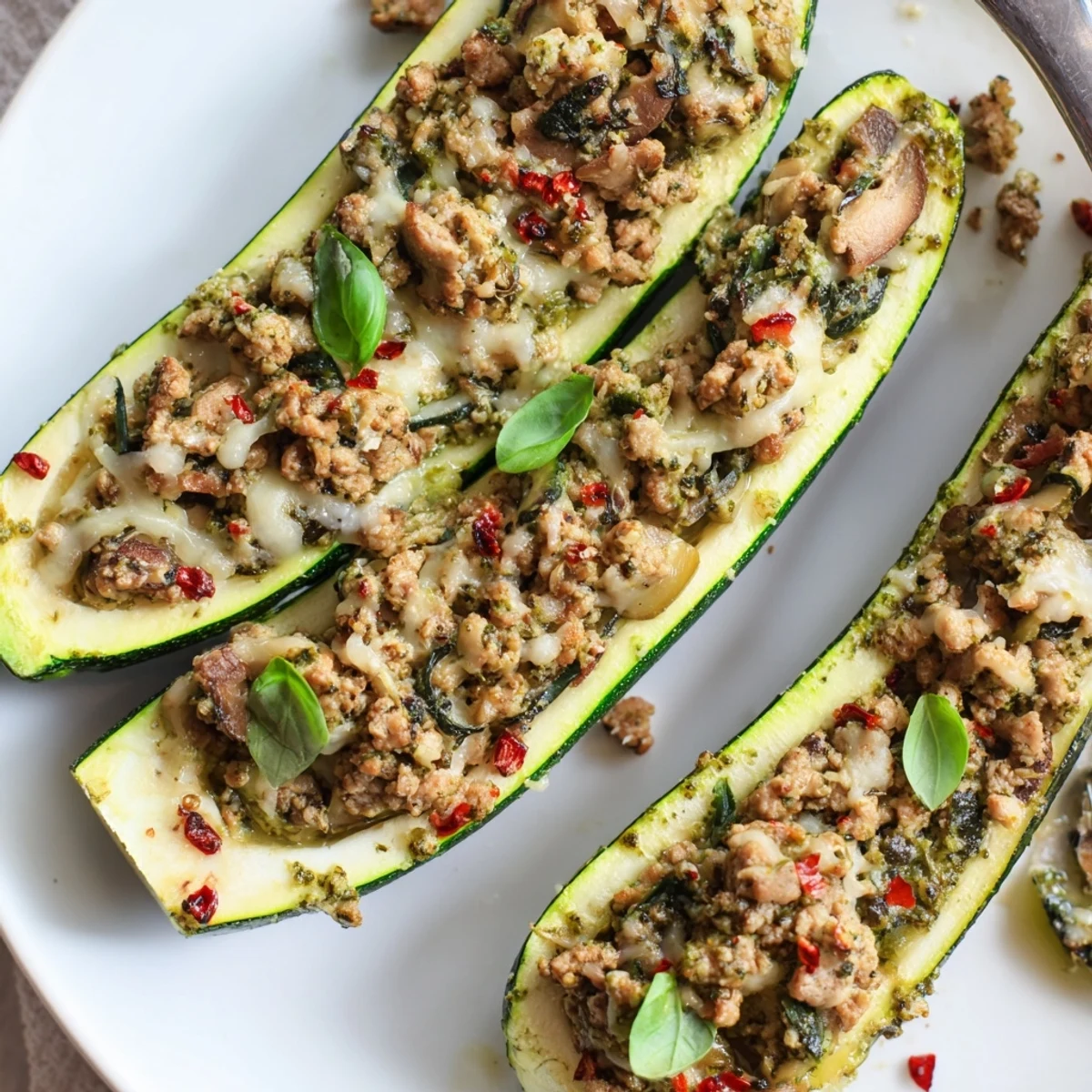 Warm Pesto Turkey and Mushroom Zucchini Boats with Basil, served with salad