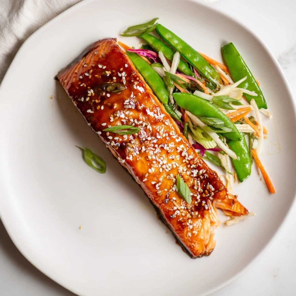 Fork-tender, honey-miso fillet, Miso Ginger Salmon With Sesame Snap Pea Slaw.