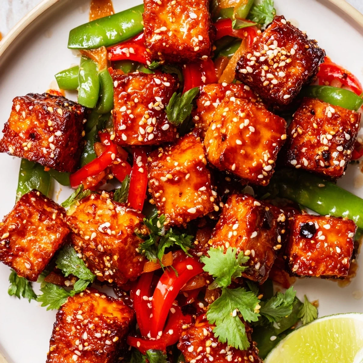Crispy chili garlic tofu glistening with spicy sauce beside sesame snap peas