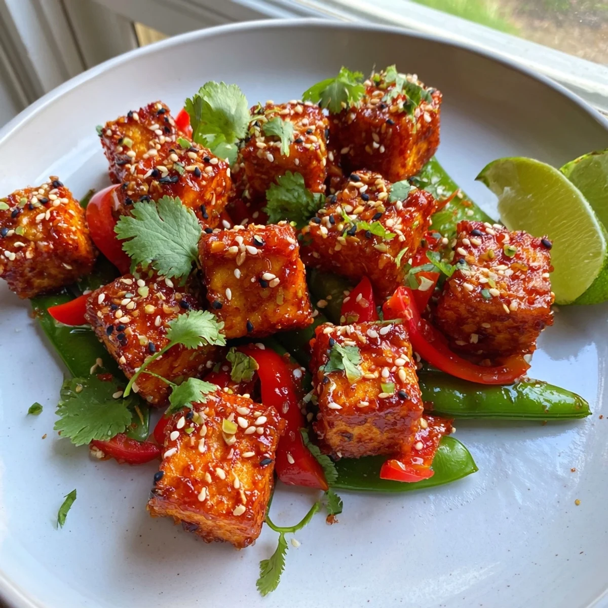 Golden crispy chili garlic tofu topped with cilantro and sesame seeds