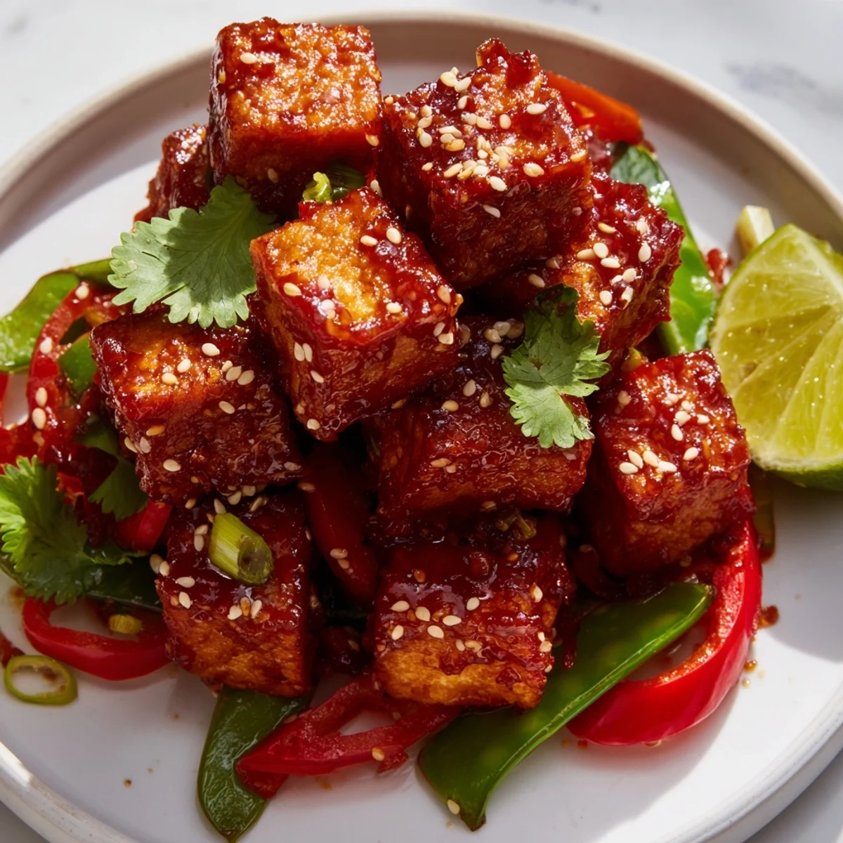Crispy chili garlic tofu cubes coated in glossy red sauce with crunchy snap pea salad