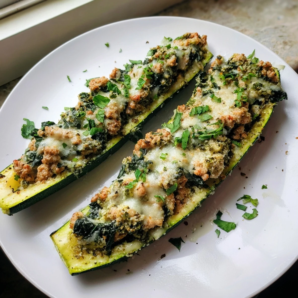 Golden baked pesto turkey zucchini boats with wilted spinach and melted mozzarella on a rustic dish