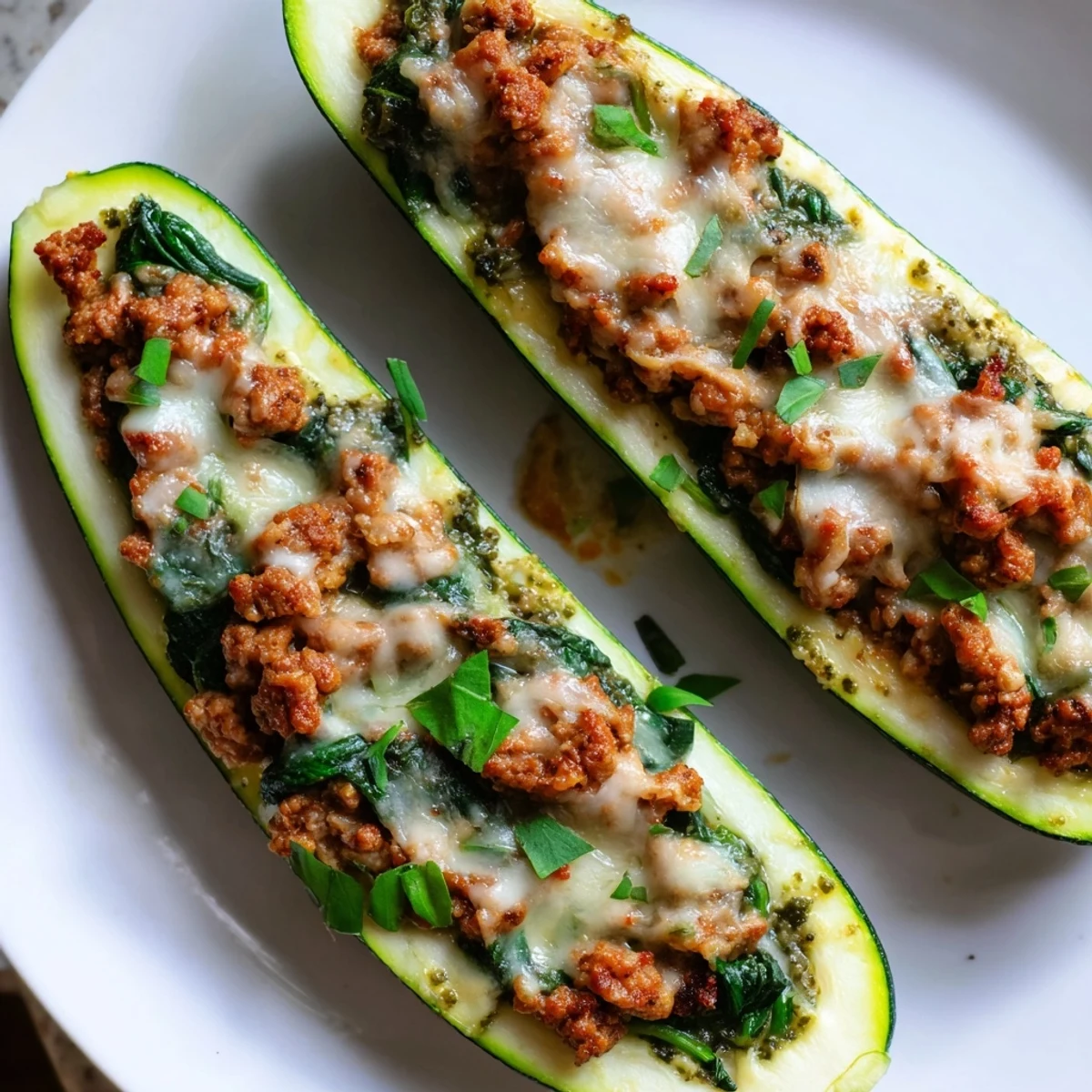 Zucchini halves overflowing with pesto turkey and spinach filling topped with fresh herbs and bubbling cheese
