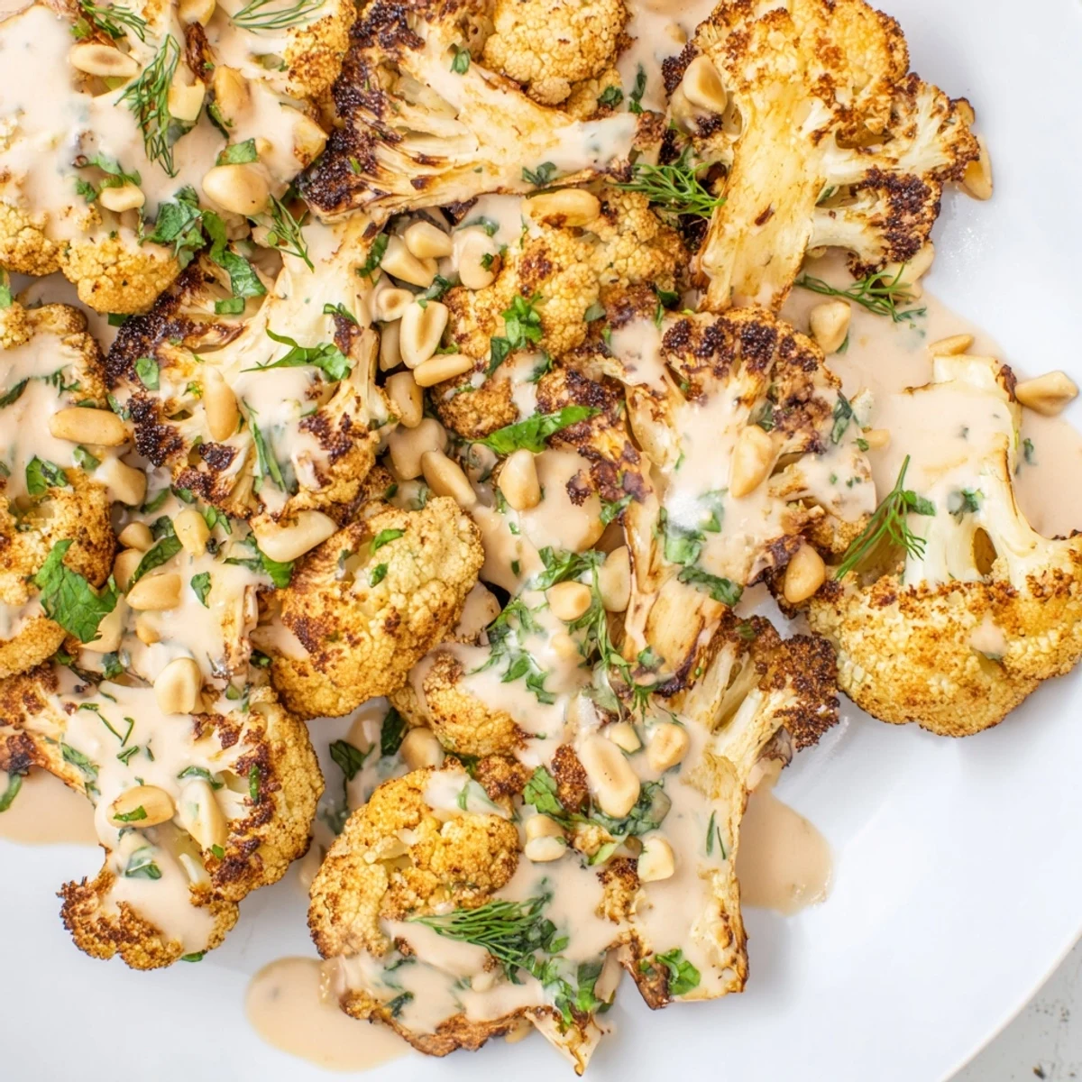 Golden caramelized roasted cauliflower with lemon herb tahini drizzle on a rustic platter