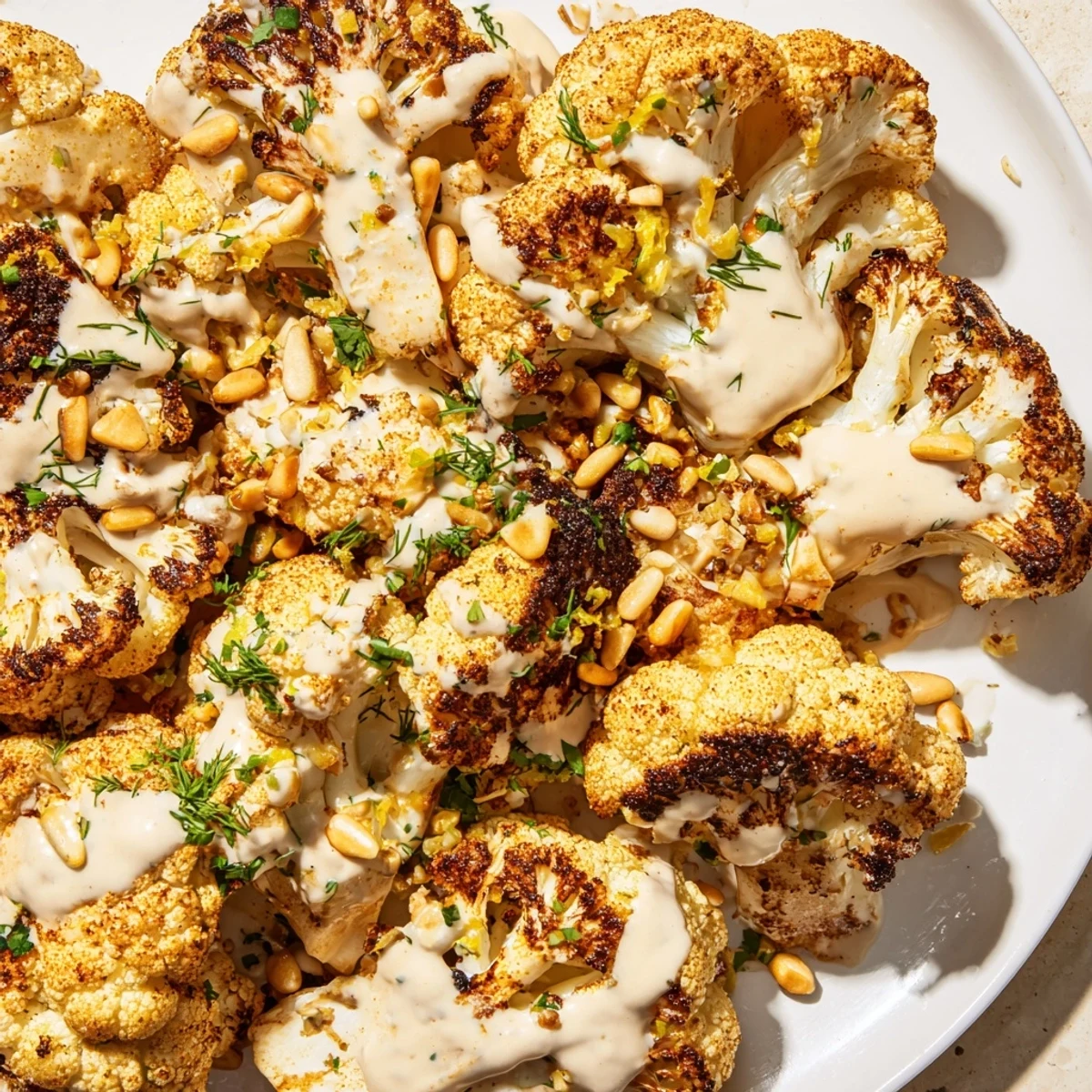 Crispy spiced roasted cauliflower with lemon herb tahini drizzle topped with toasted pine nuts